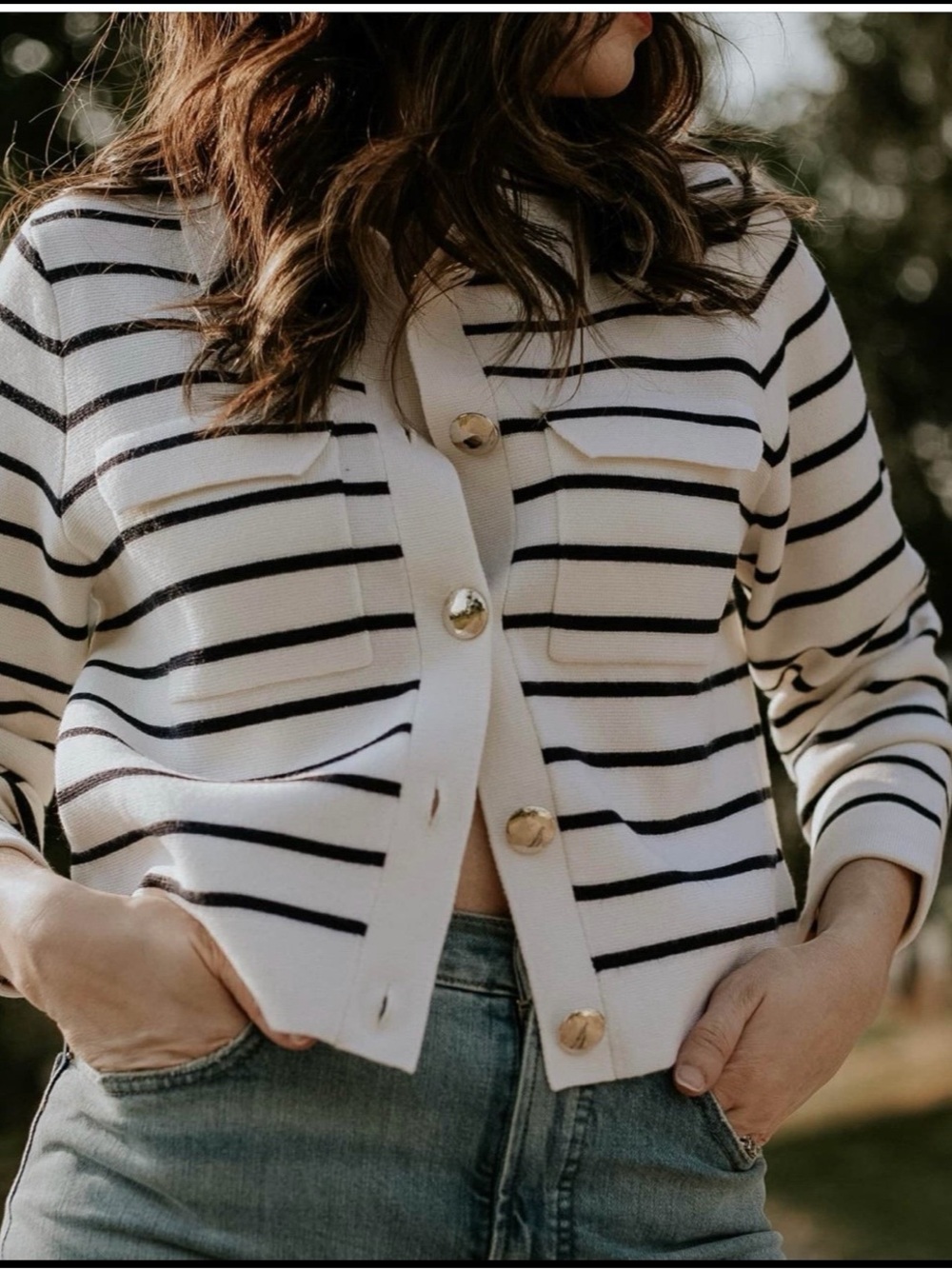 Sezane Betty Ecru Striped Cardigan cream/navy Merino Wool Medium